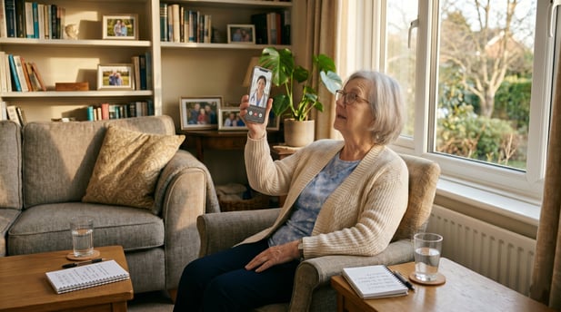 Senior woman uses a smartphone to conduct a telemedicine video call at home