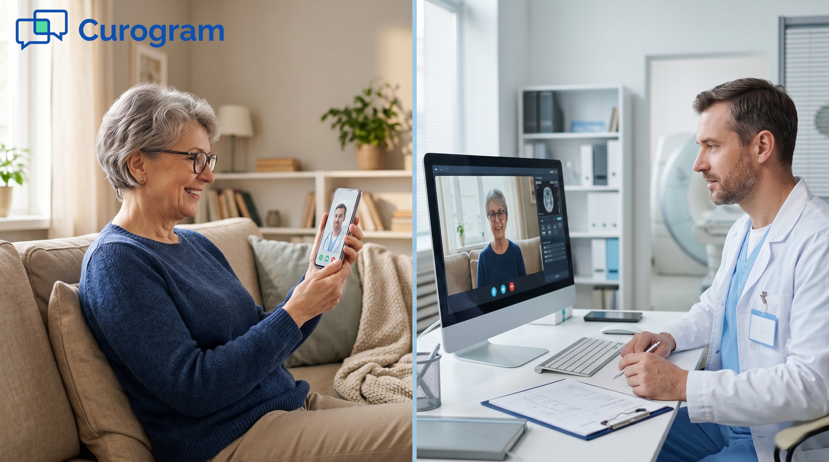 Split image of a doctor and a patient having a consultation over video call