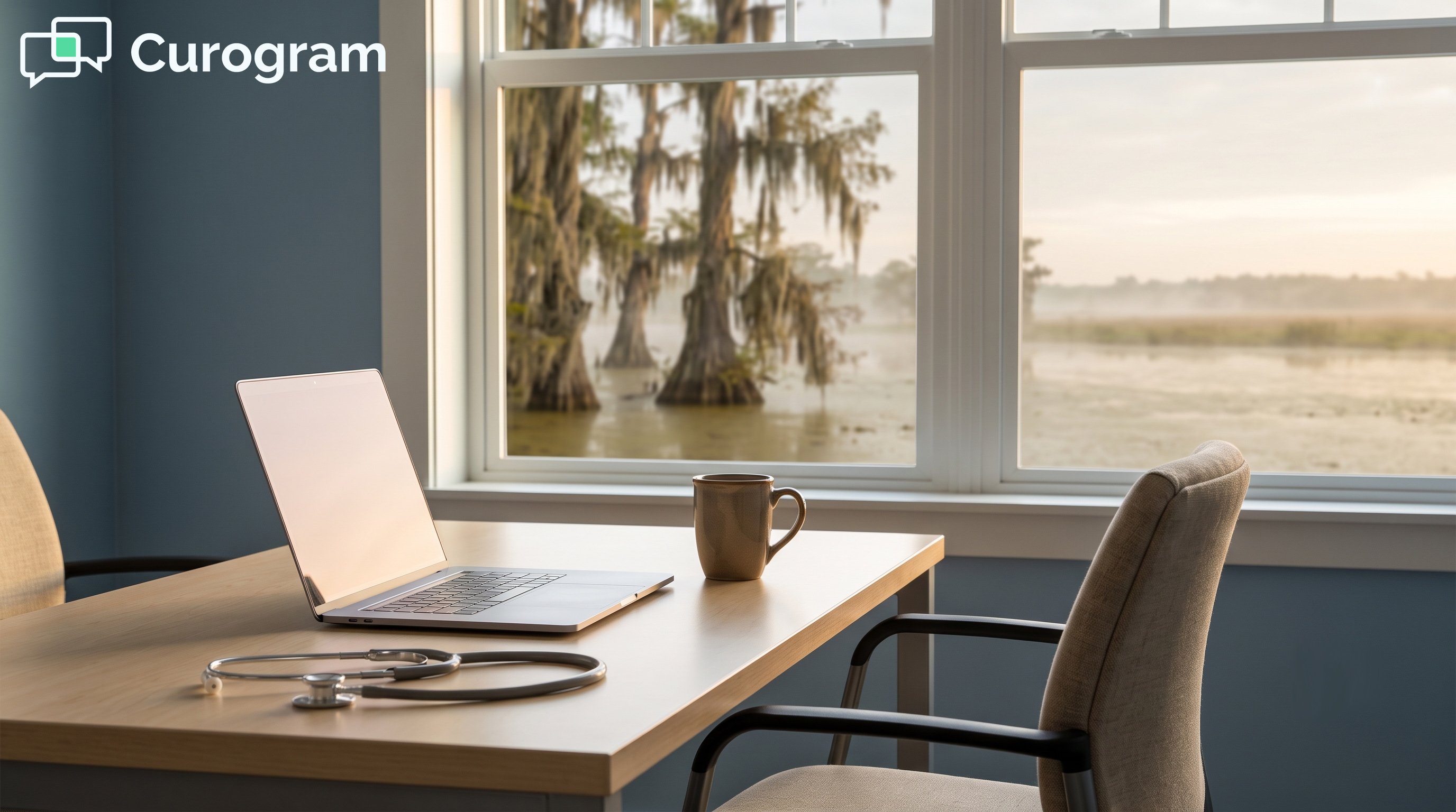 Medical office desk with laptop and stethoscope overlooking a Louisiana bayou