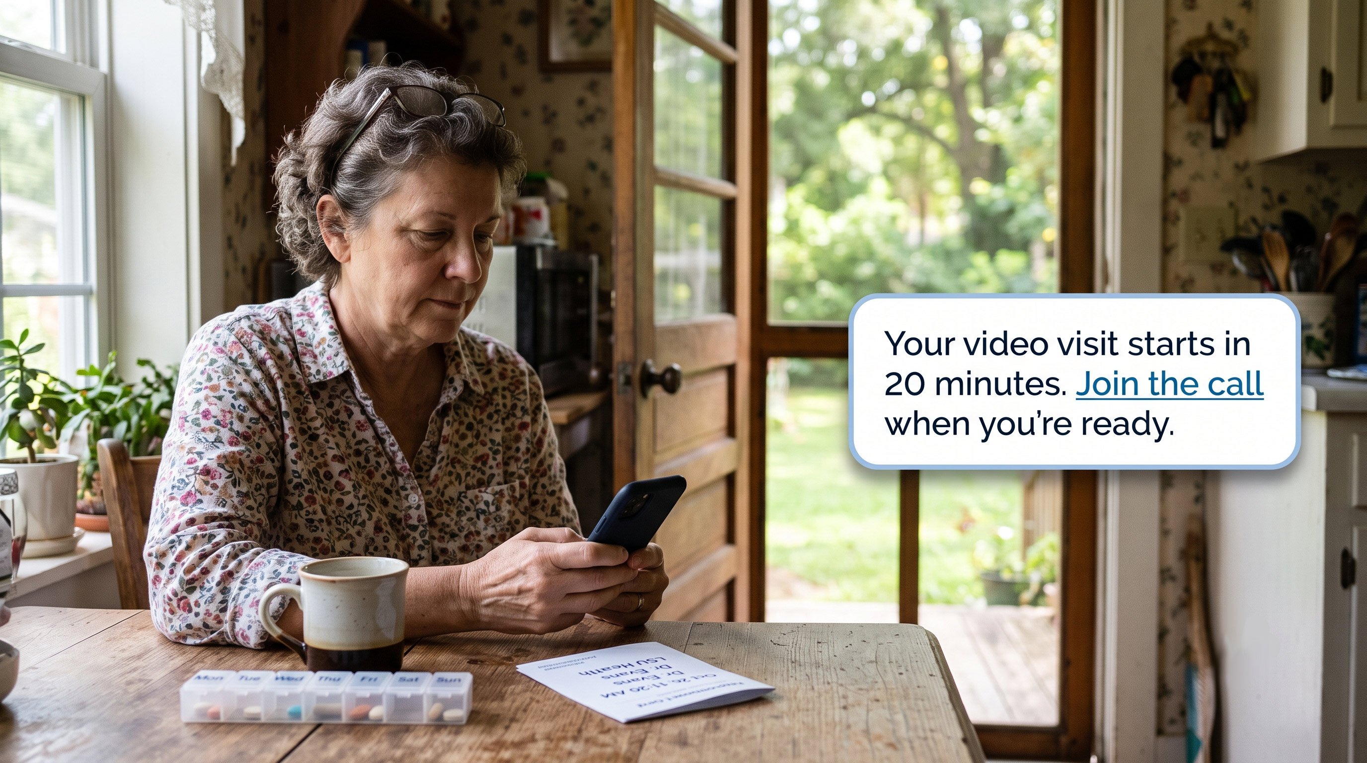 Patient reading a telehealth video visit notification on her smartphone at home