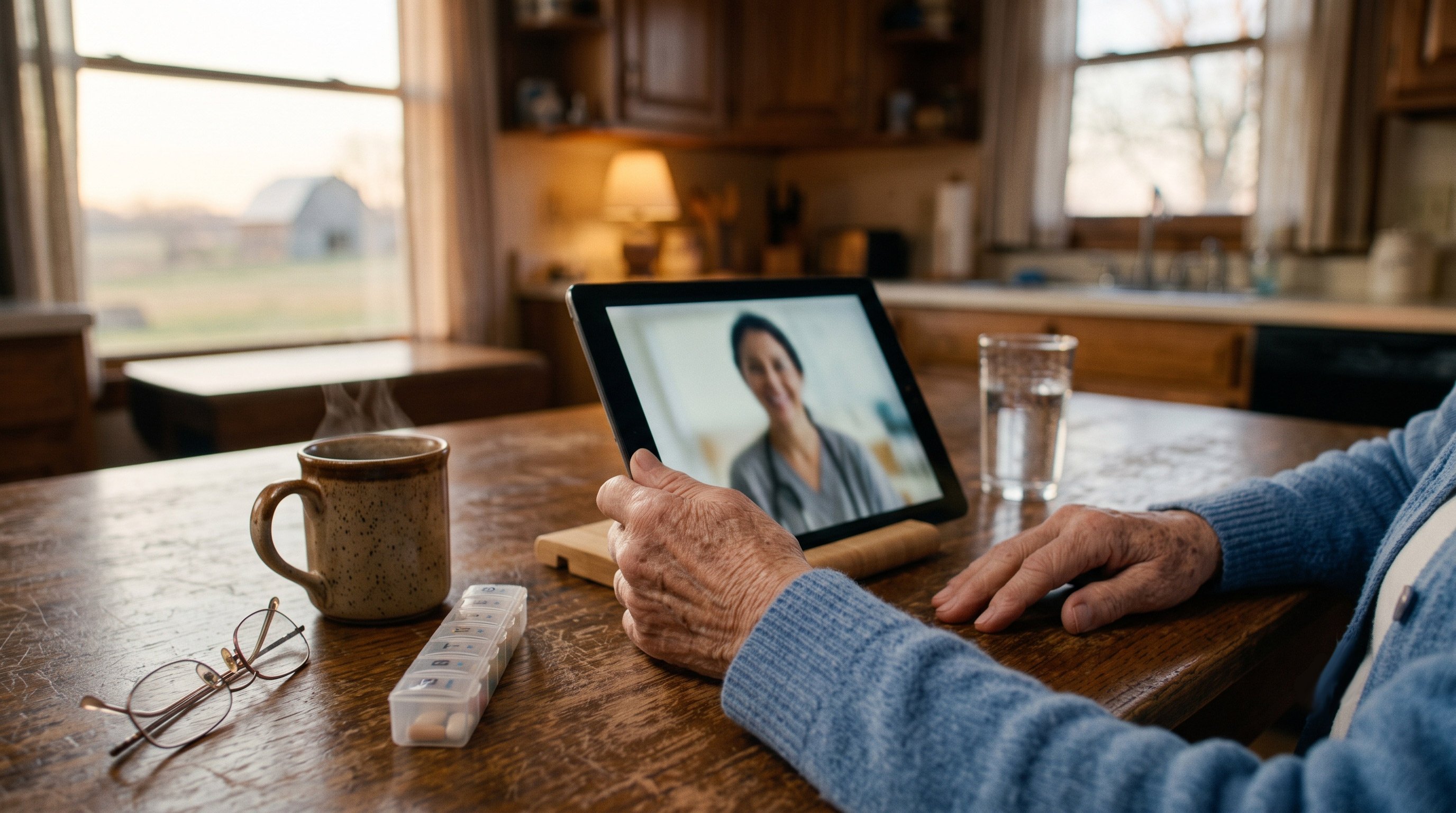 Patient using a tablet for a telehealth video consultation in a rural home