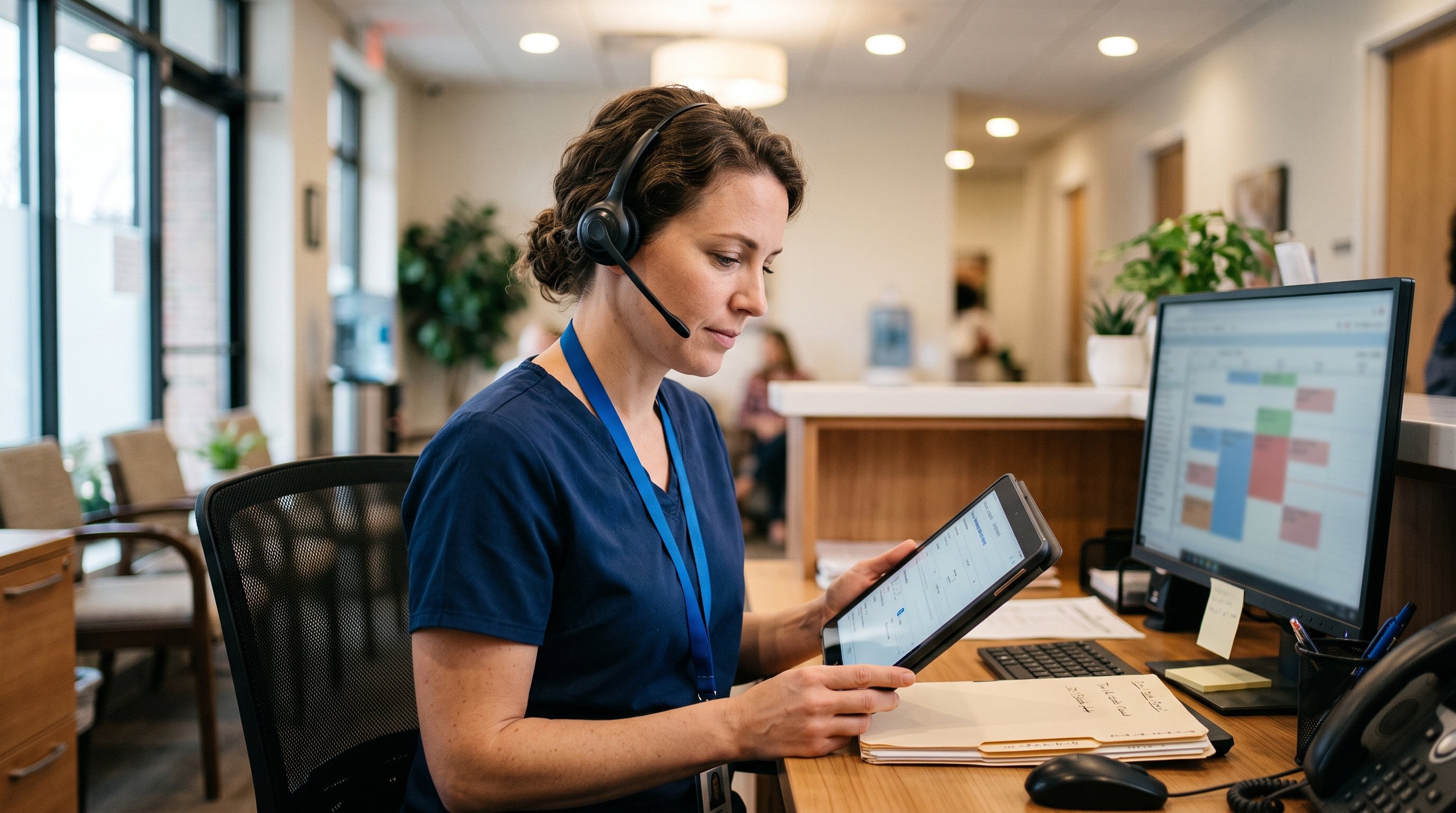 Medical coordinator managing telehealth appointments on a tablet