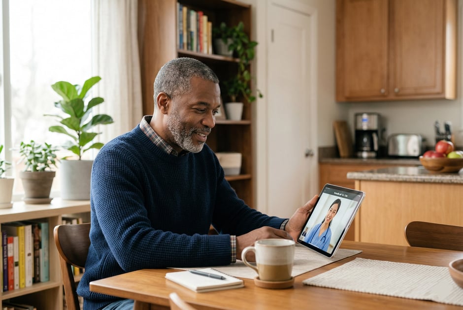 A male patient on a telemedicine videocall via tablet