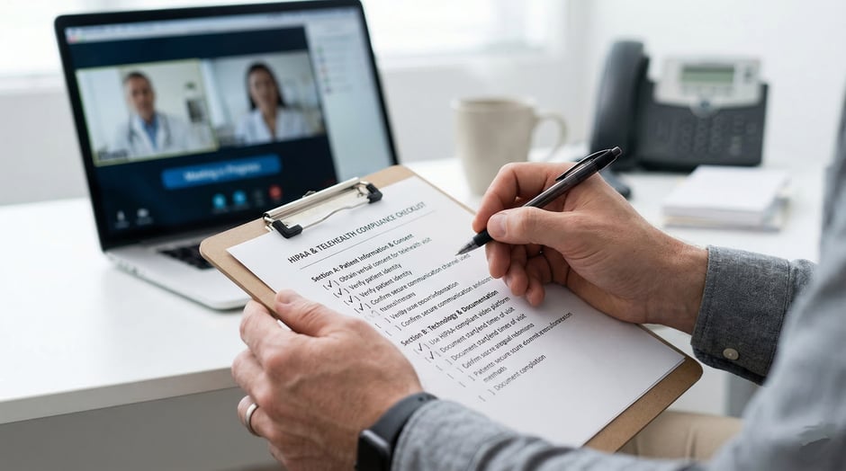 Administrator holding a checklist during a telehealth conference