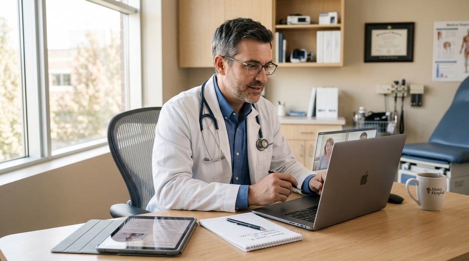 Physician conducts a telemedicine video consultation, taking patient notes