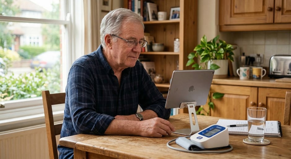 Older male patient at a kitchen table participating in a telehealth visit using a tablet and BP monitor