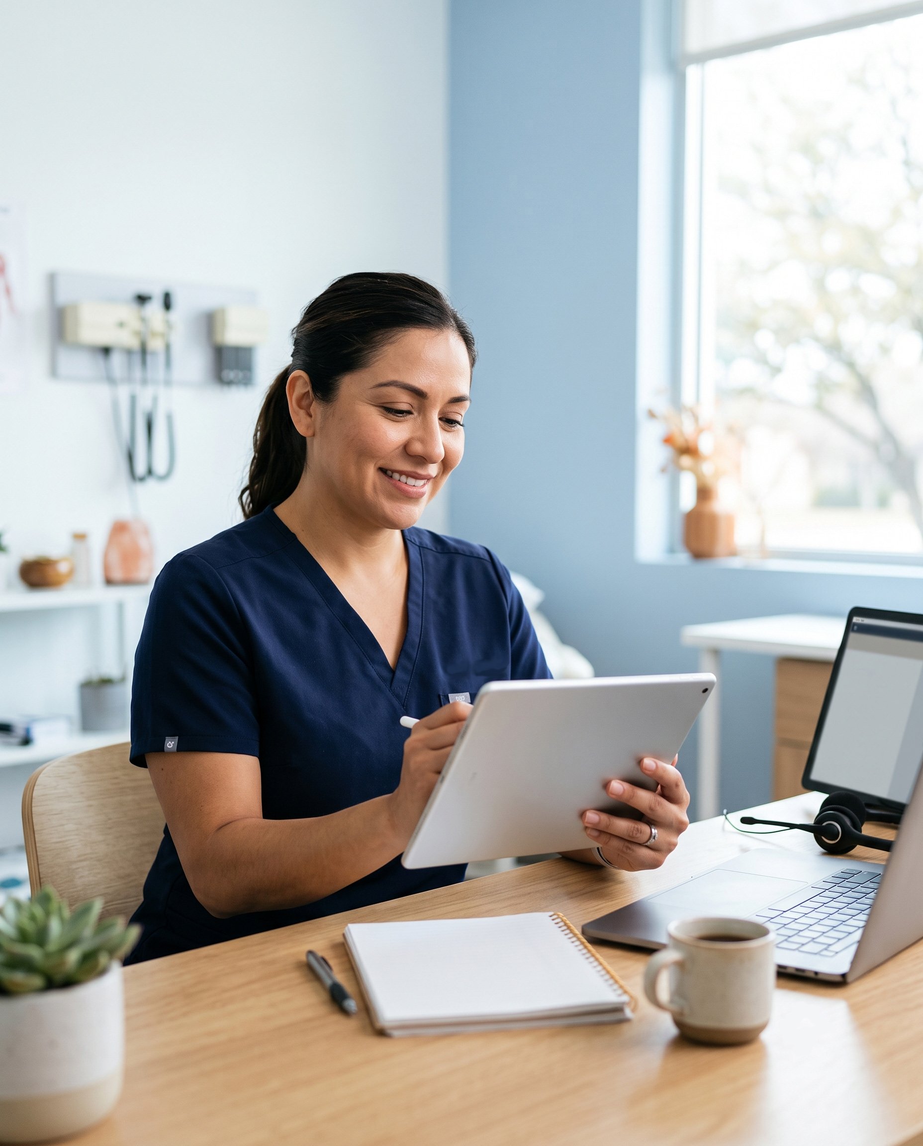Nurse practitioner using a tablet before a Texas virtual visit