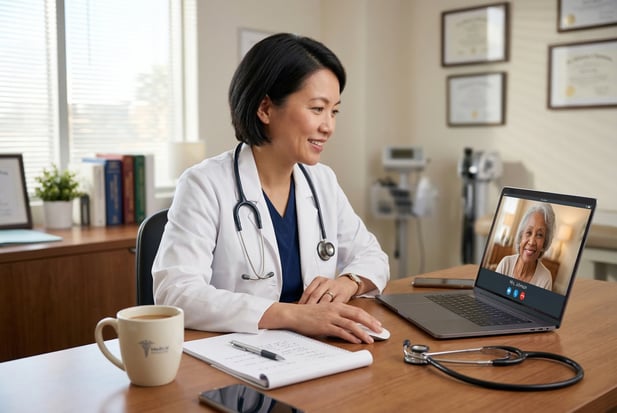 Happy senior patient having a successful, accessible telemedicine video call on her smartphone