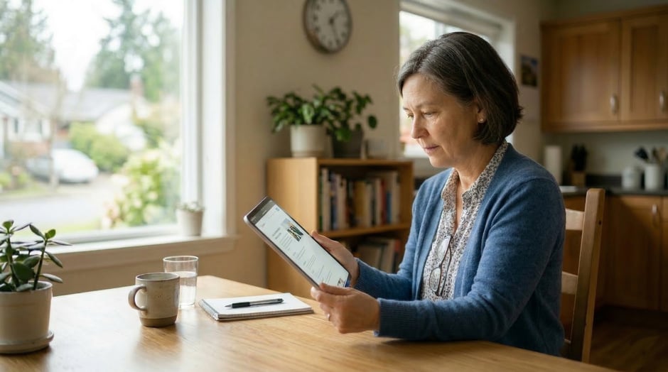 Middle-aged patient participating in a virtual doctor call via tablet