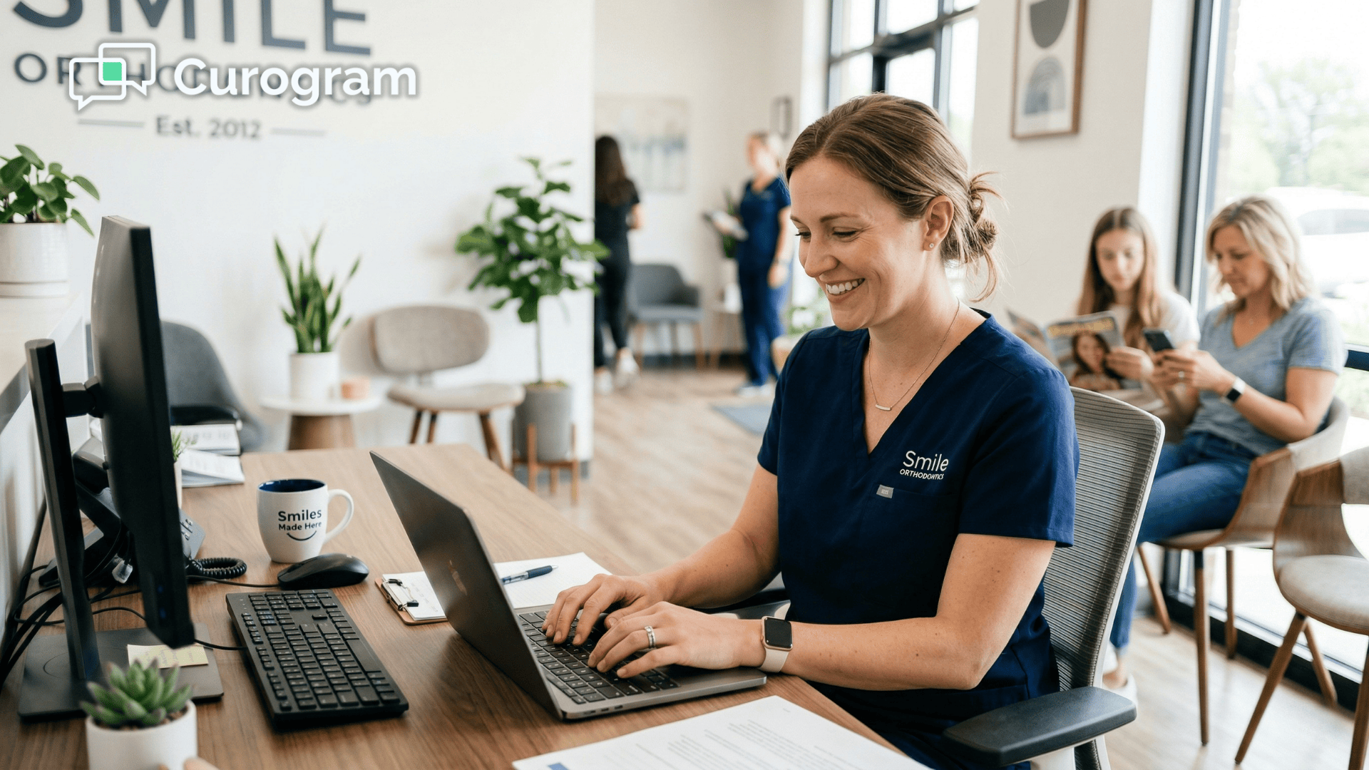 Orthodontic front desk coordinator responding to a parent's text in Curogram dashboard