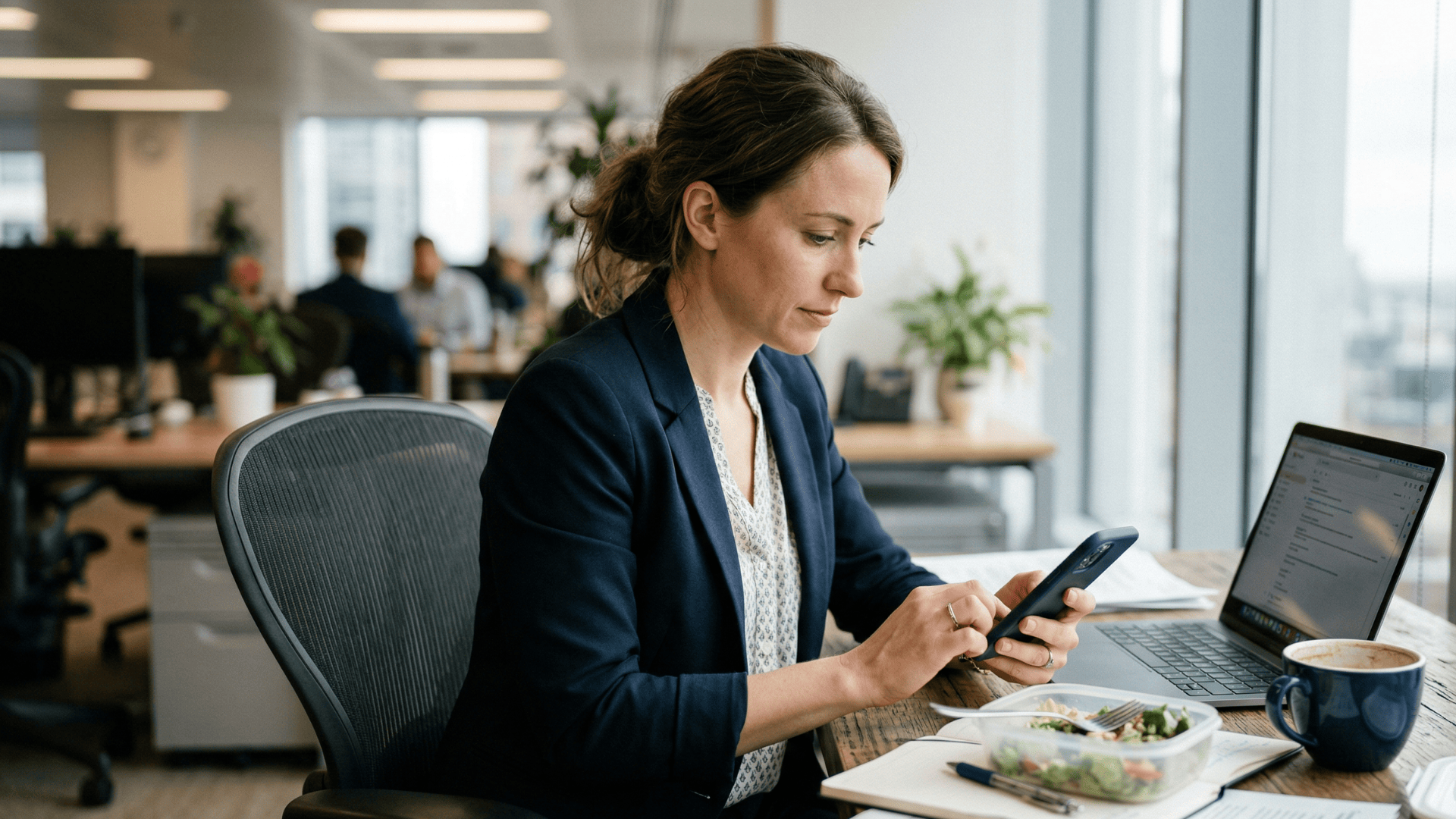 Working mom texting her Cloud 9 orthodontist from her phone during a lunch break