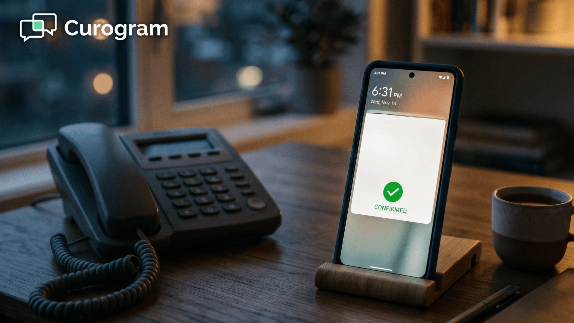 Smartphone showing a confirmed appointment text beside a silent office phone