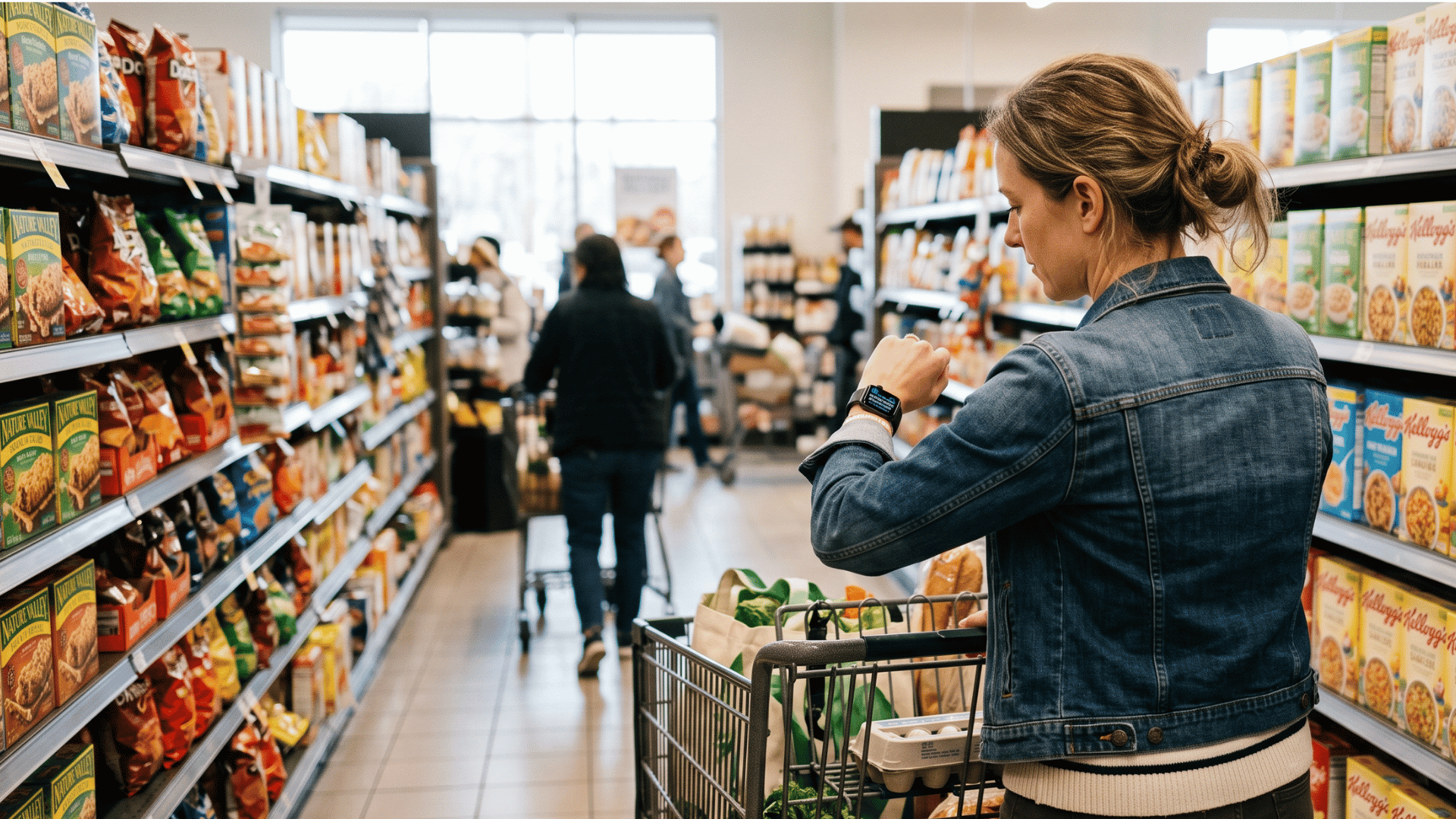 Parent checking a smartwatch appointment reminder while grocery shopping