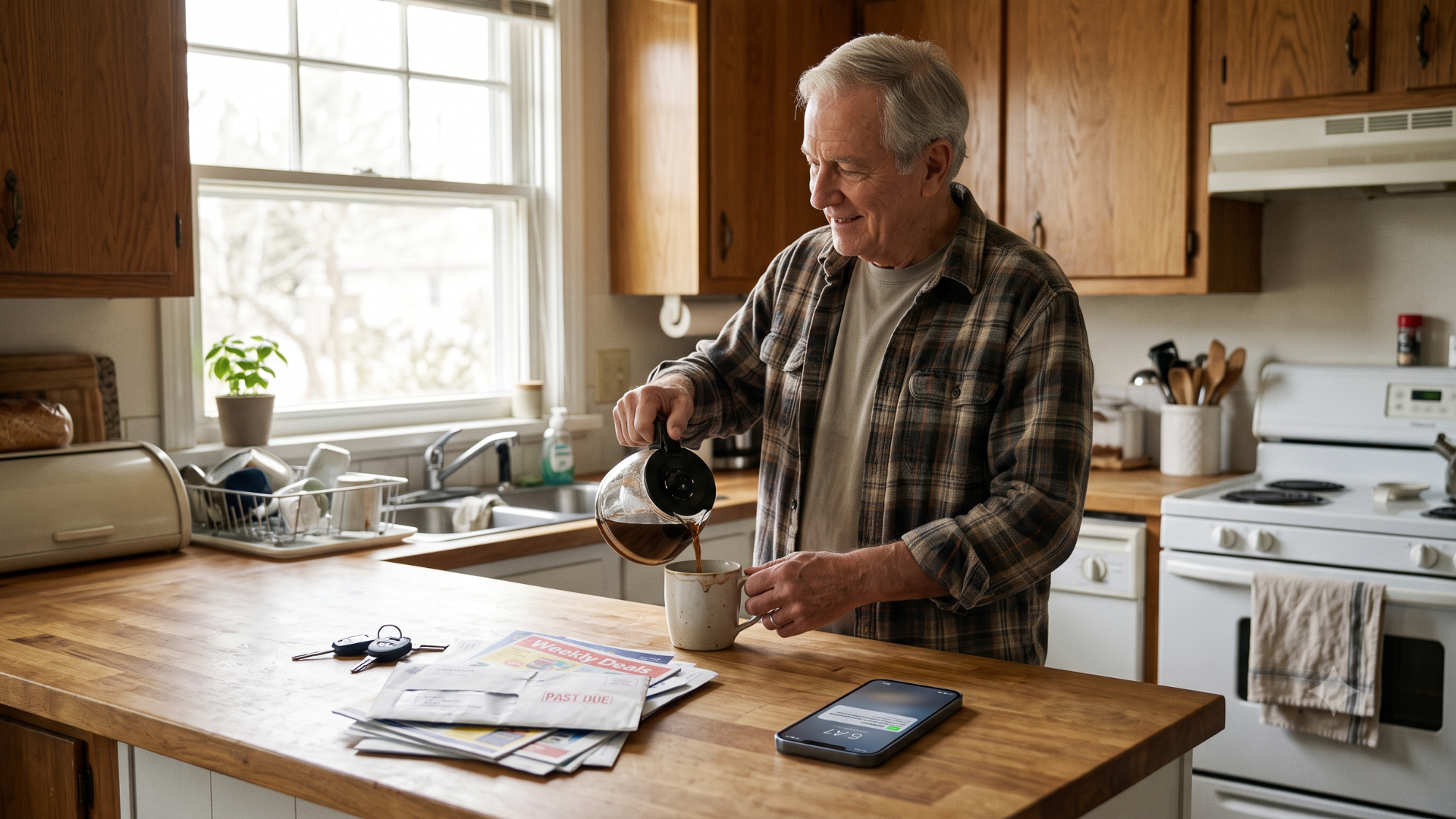 Older patient relaxed at home as a text payment link notification arrives