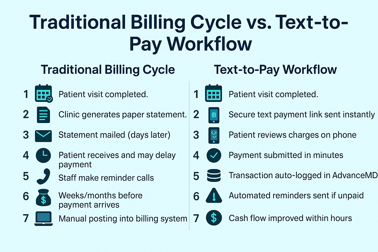 Comparison between the timeline of traditional medical billing and text-to-pay