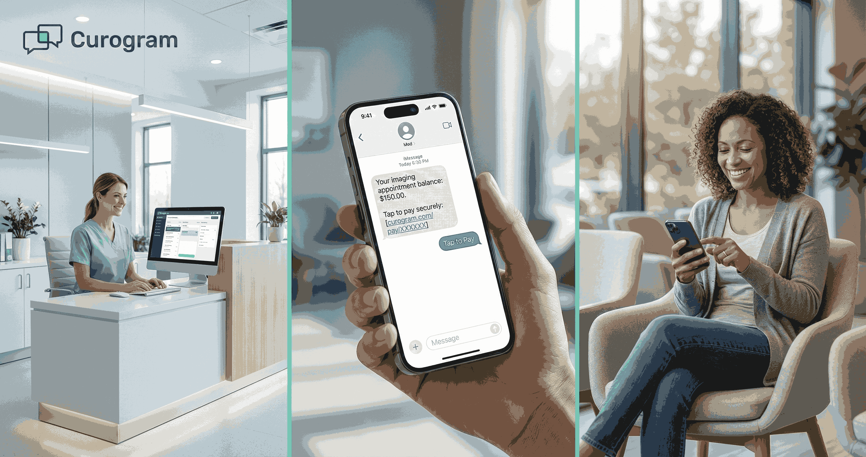 Patient using text-to-pay feature on a smartphone for a medical billing.