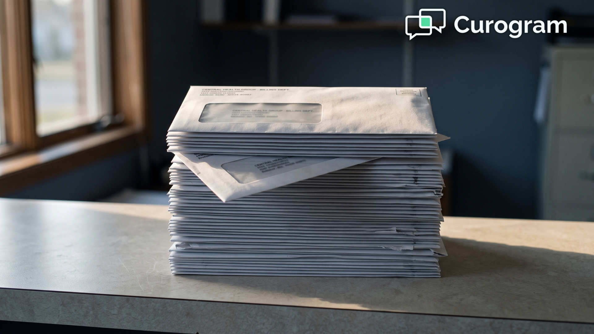 Stack of unopened paper patient statements waiting to be mailed by a medical practice