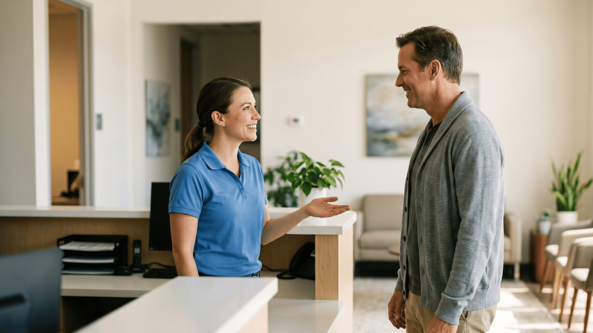 Medical receptionist warmly greeting a relaxed patient arriving in a bright clinic lobby