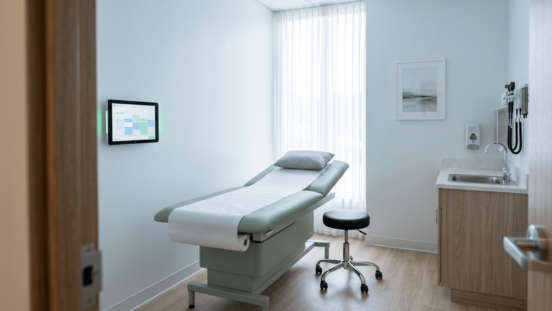 Modern exam room with available slot display showing telehealth capacity for Meditab IMS practices