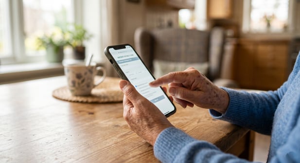 Close up of hands completing digital medical intake on a smartphone