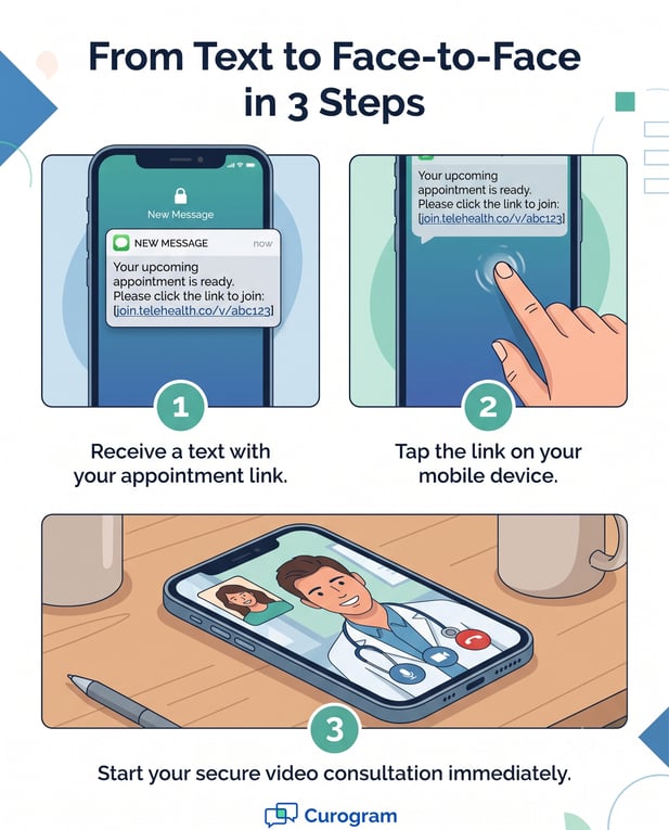 3-step guide: receive telehealth link via text, tap it, start secure video call