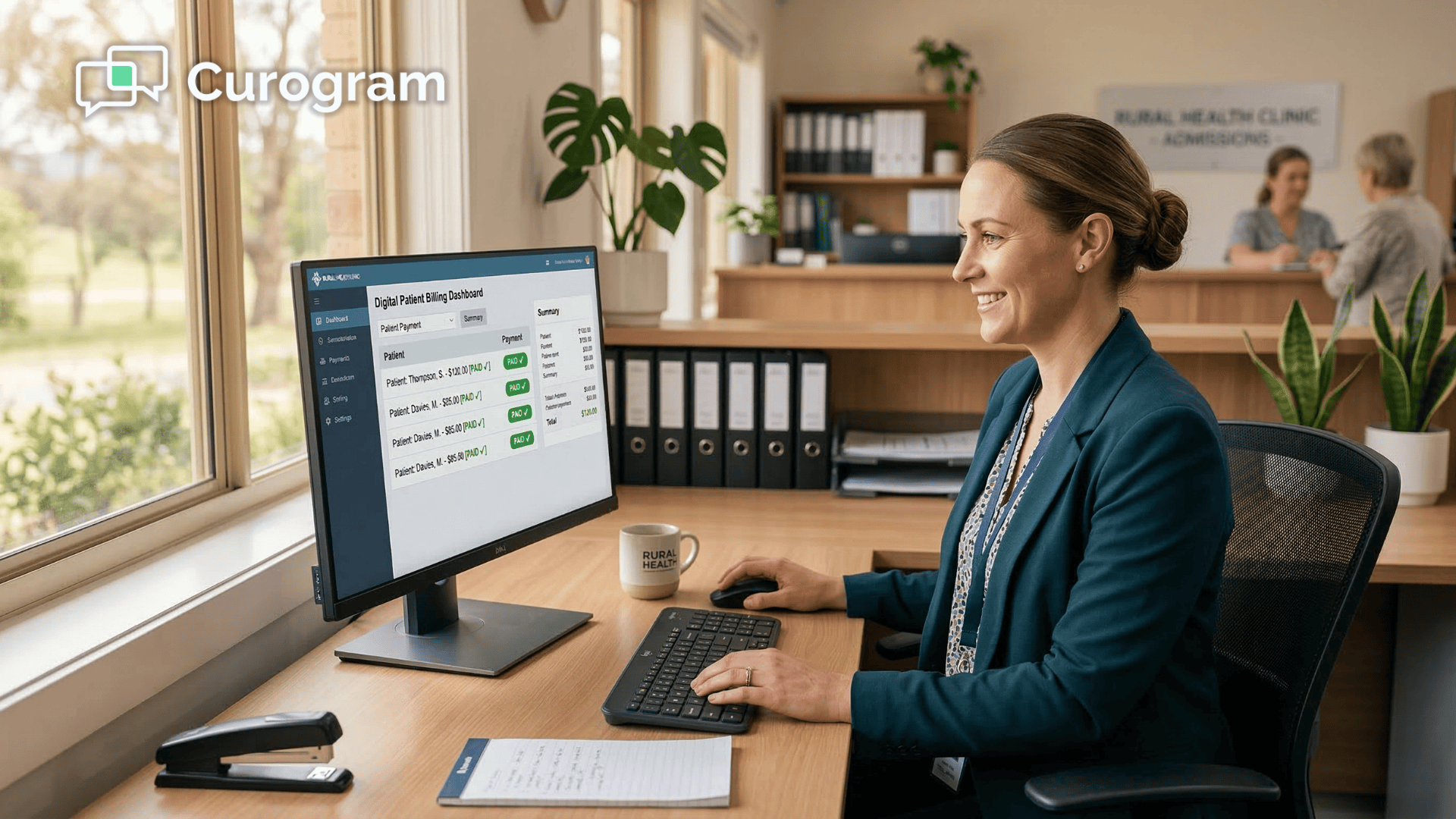 Billing staff reviewing patient payment dashboard at a rural clinic front desk