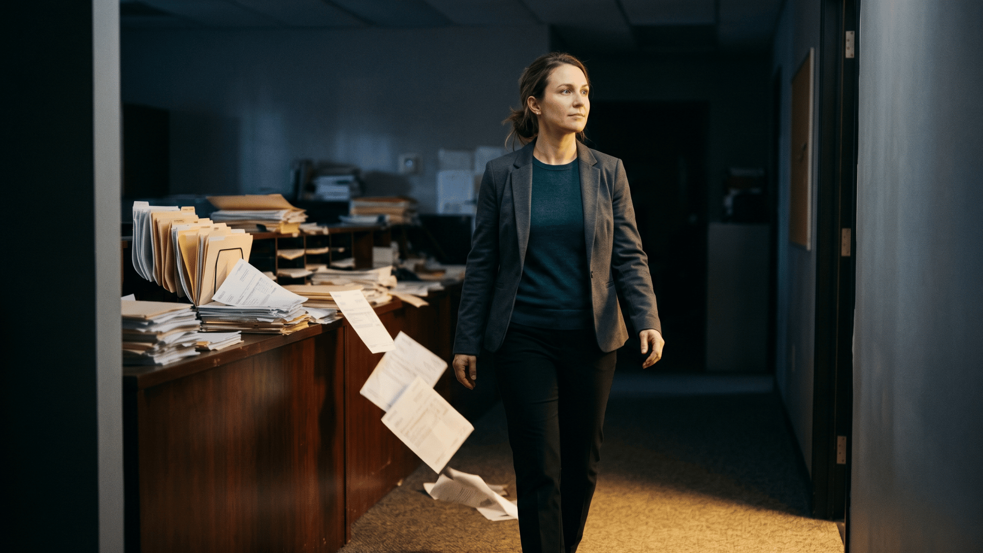 Billing professional walking out of a paper-cluttered shadow into warm open light.