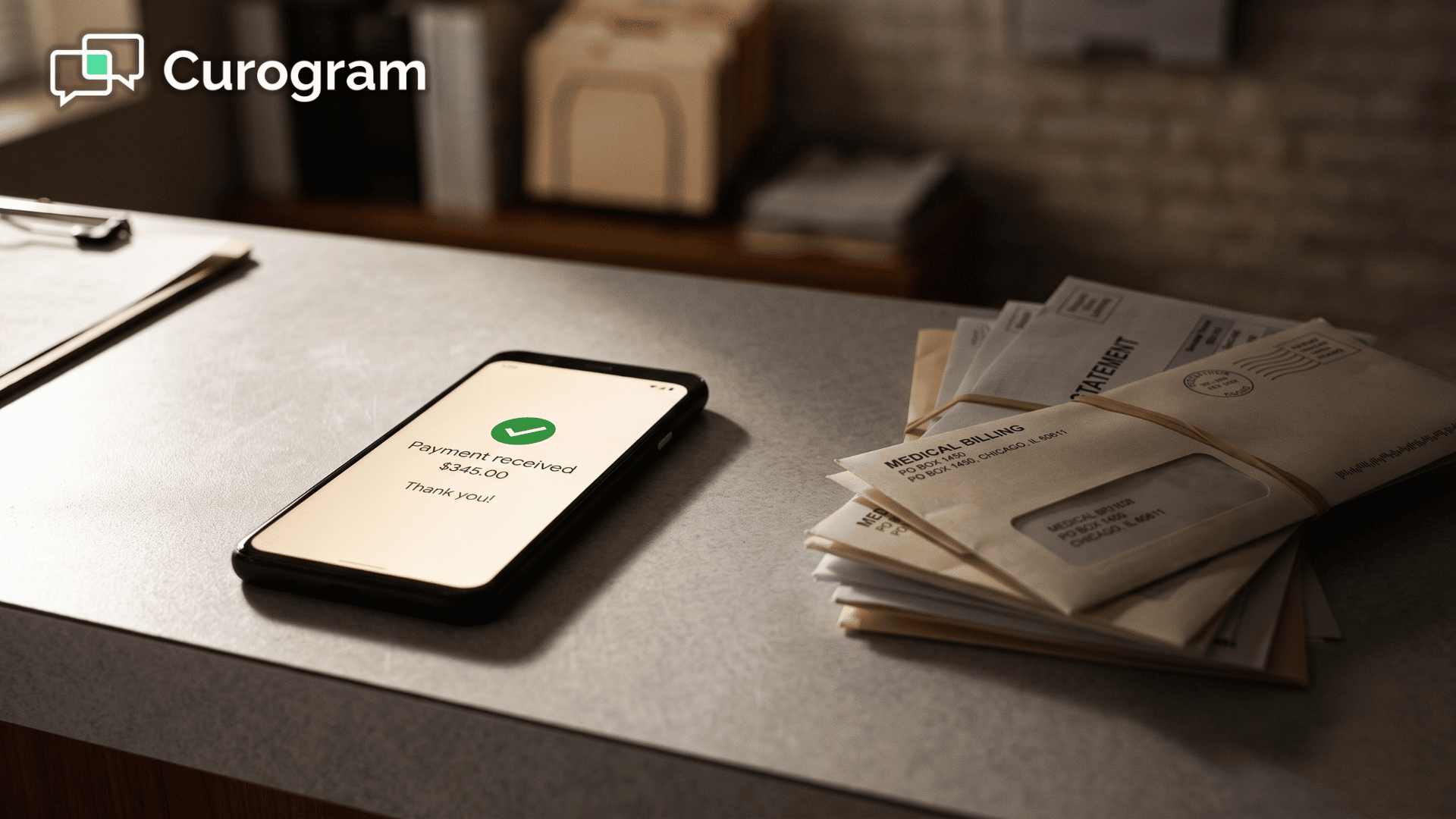 Text-to-pay confirmation on a phone beside unopened paper medical statements