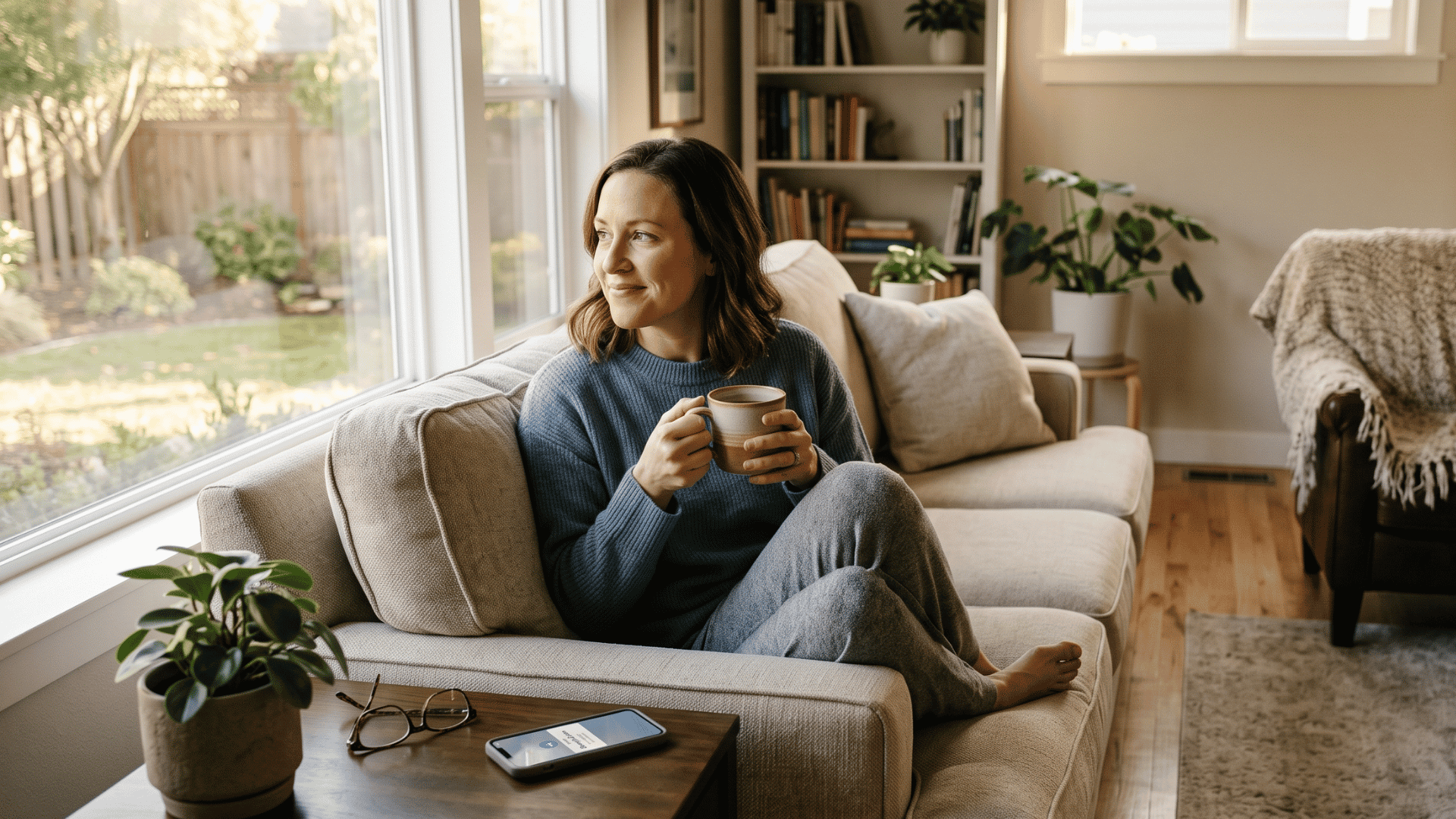 Patient at home relaxed after paying a medical bill by text, phone on the table