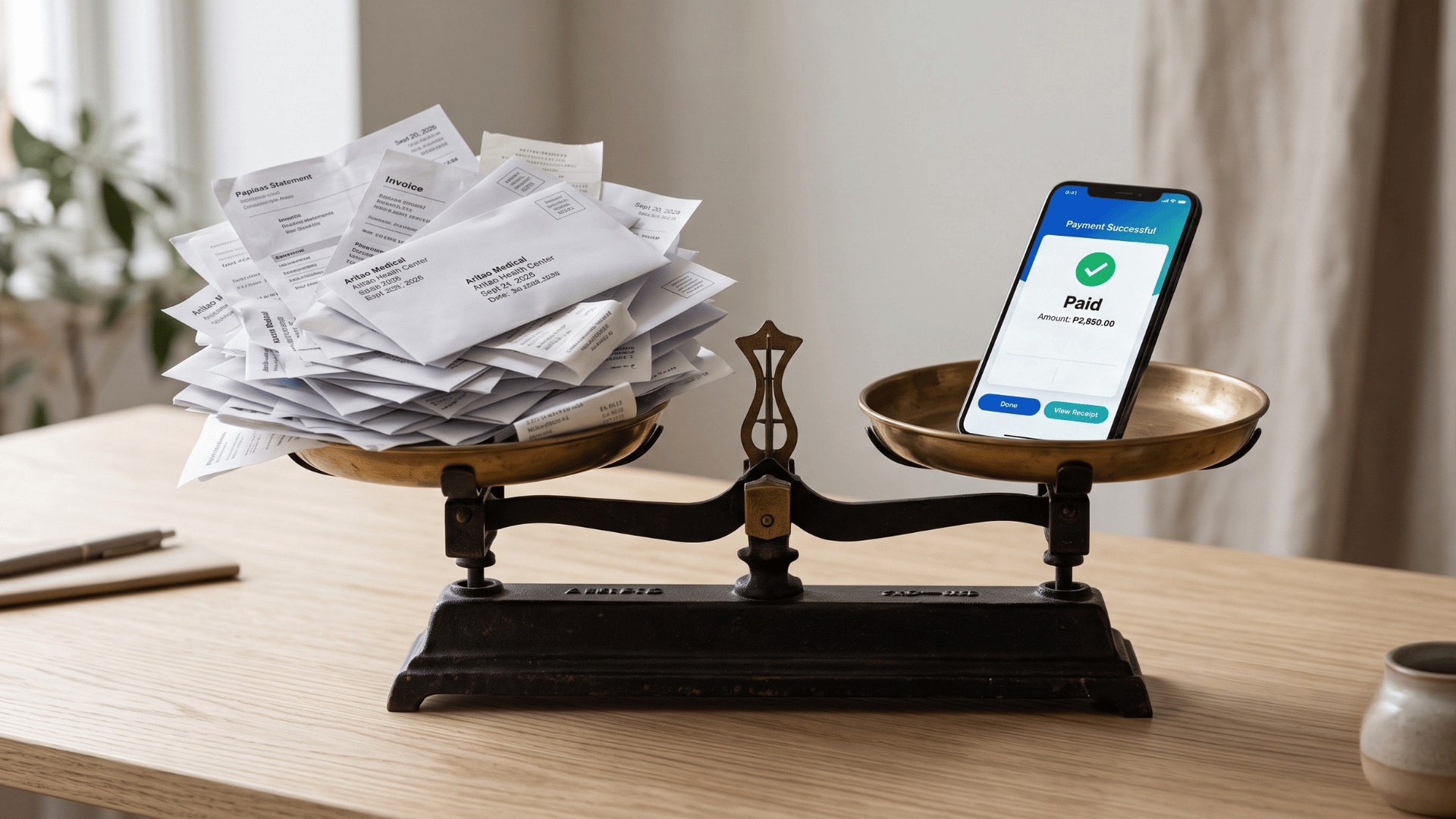 Balance scale weighing paper statements against a phone paid by text-to-pay