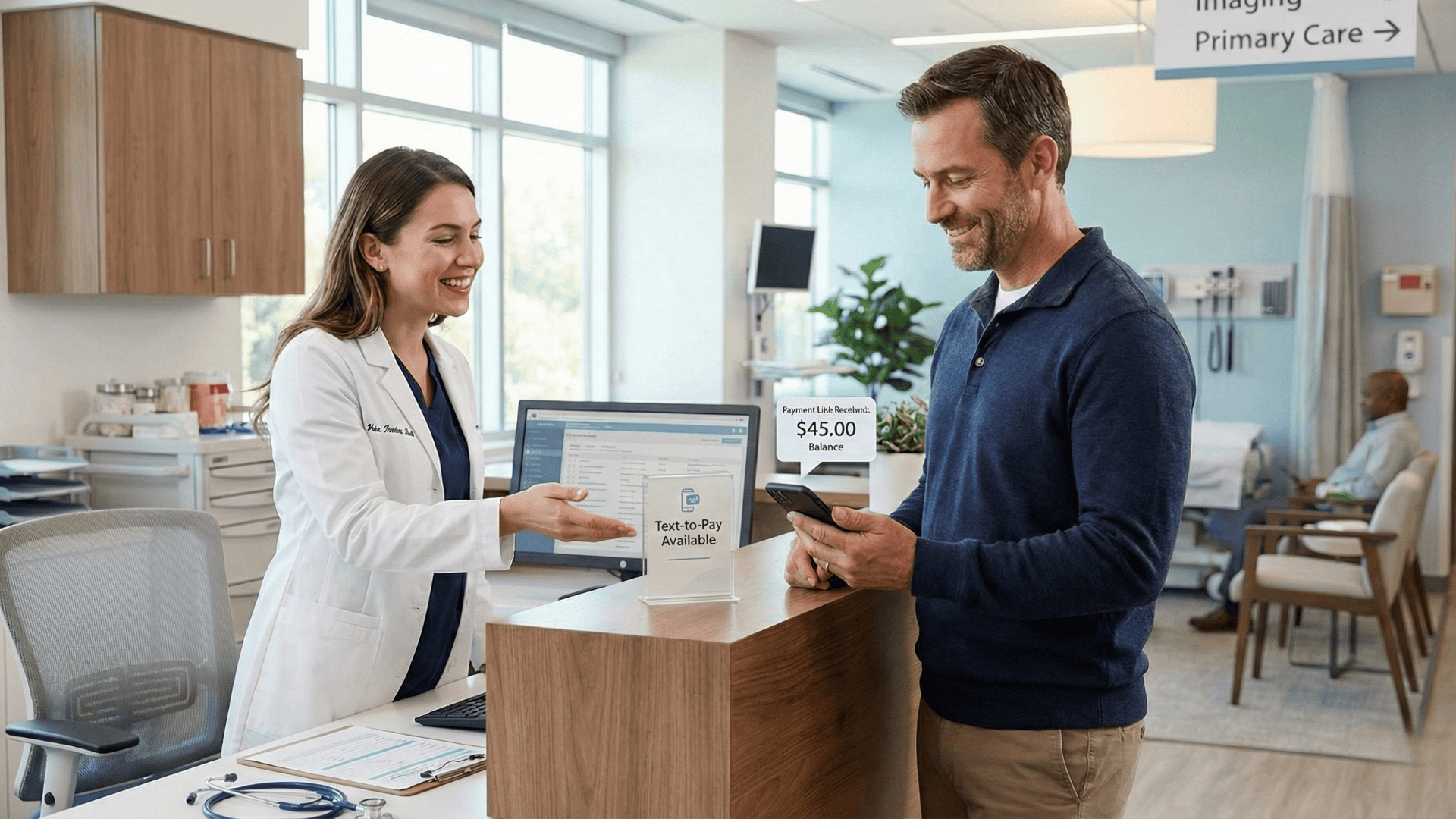 Patient completing text-to-pay transaction at multi-specialty medical clinic front desk