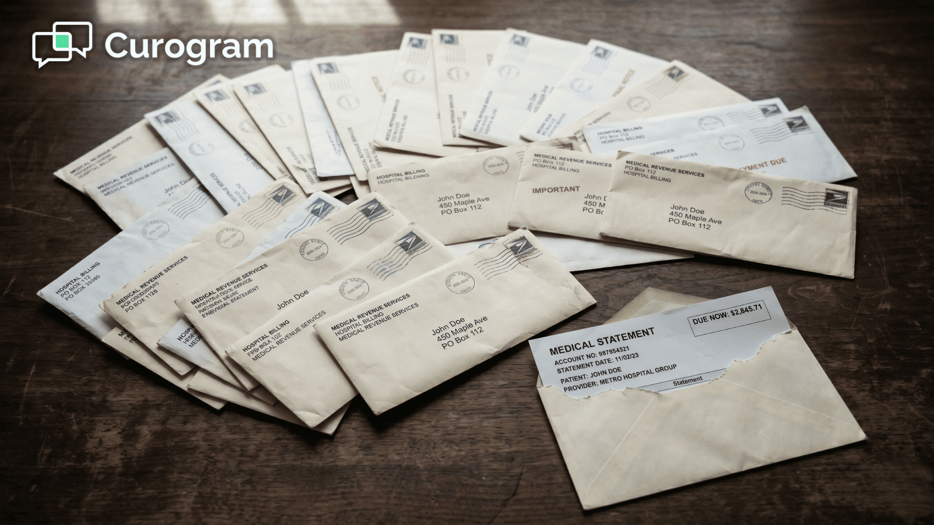 Stack of unopened paper medical billing envelopes representing slow patient collections