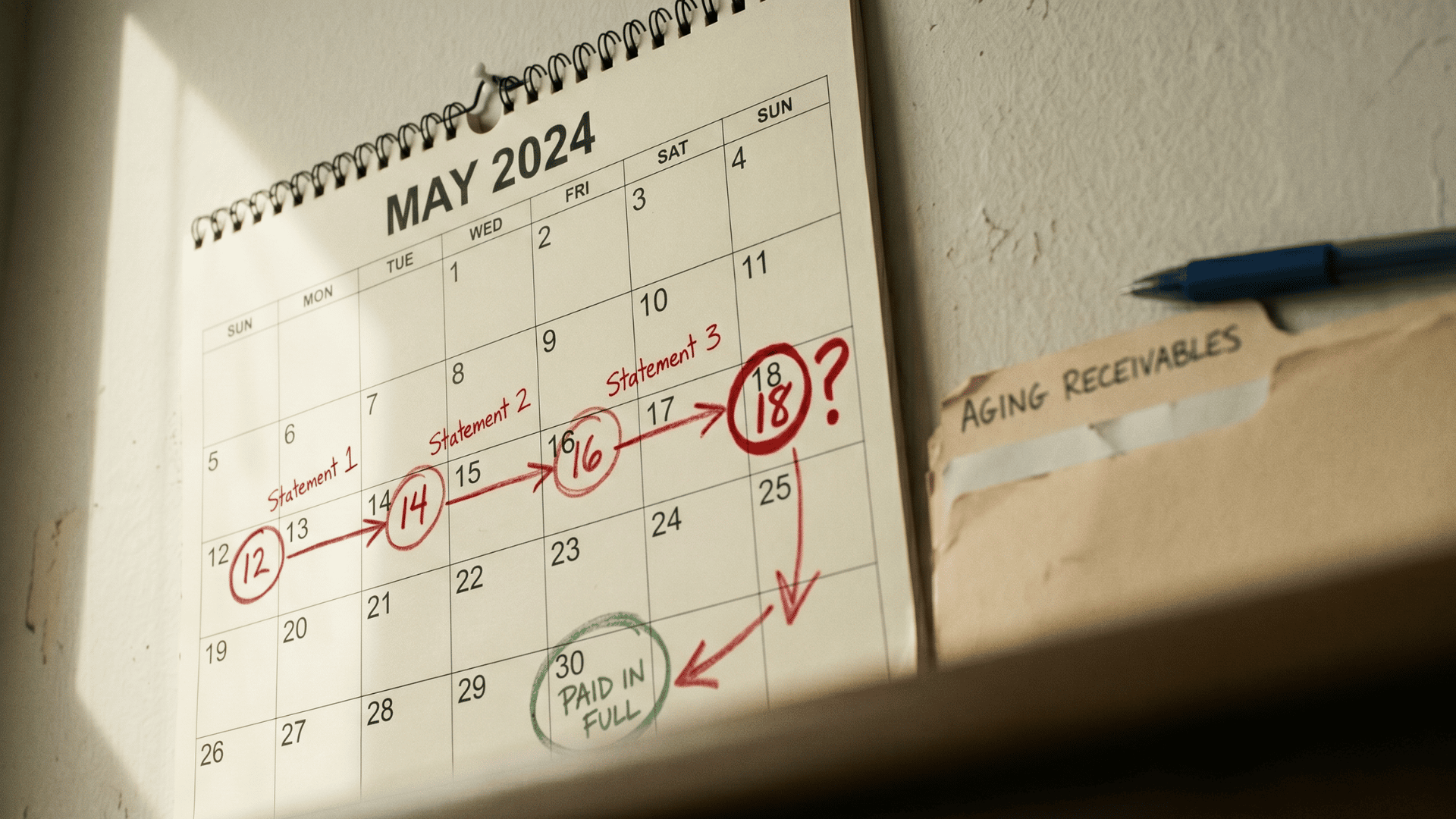 Office calendar marking aging patient balance dates before adopting text-to-pay collection