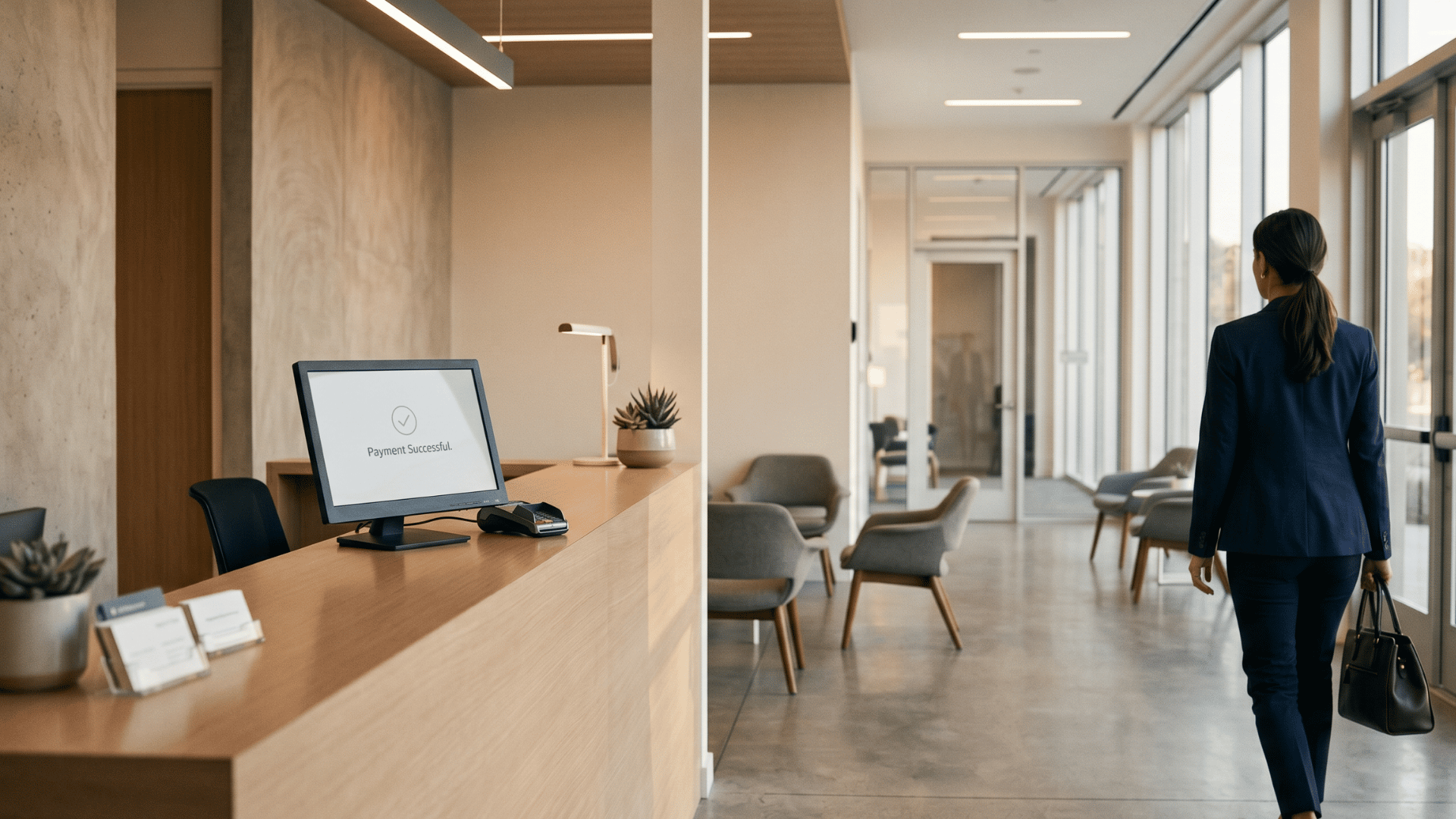 Patient leaving specialty medical practice as front desk shows text-to-pay payment confirmation