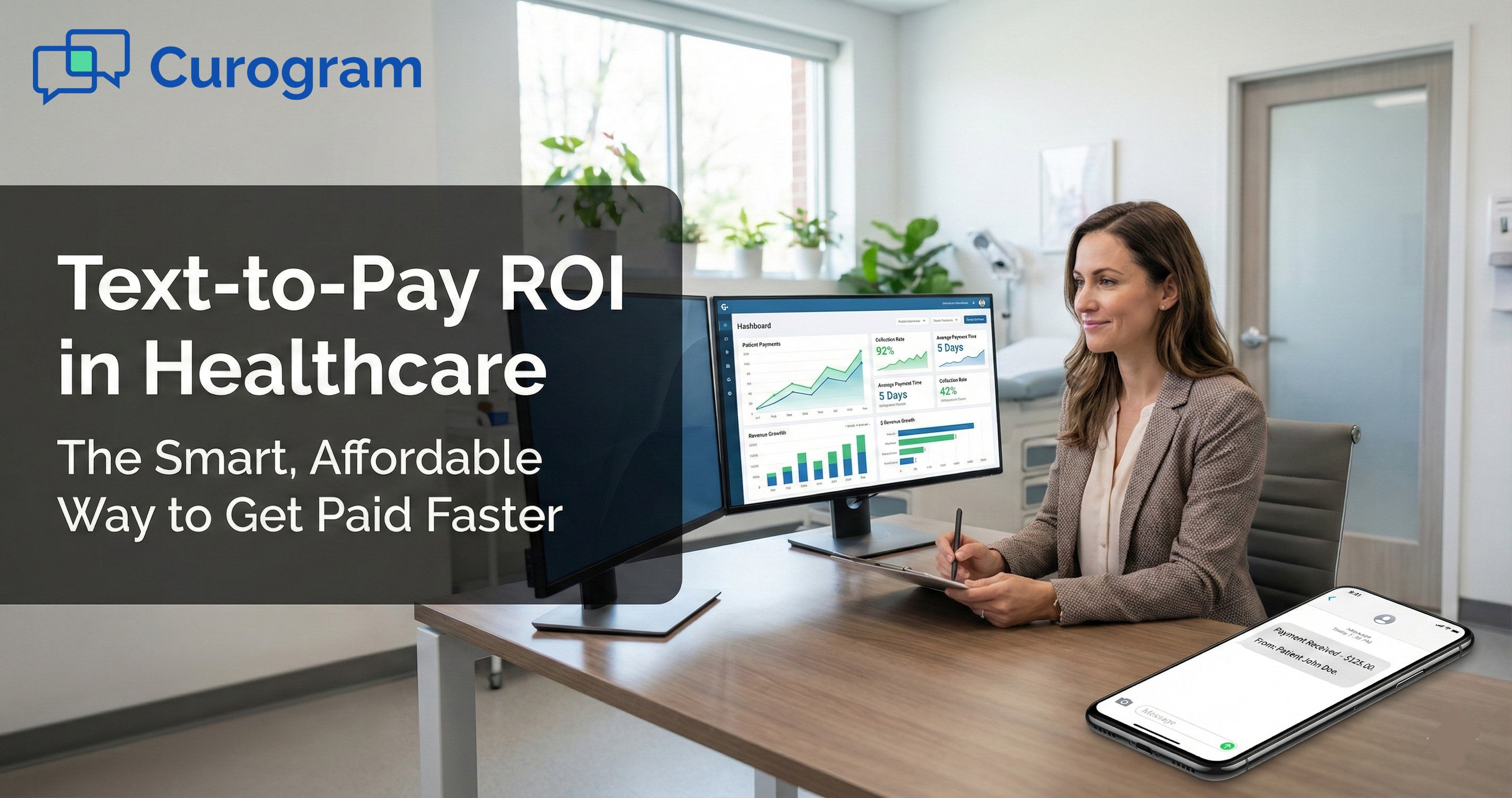 Healthcare administrator reviewing analytics with a phone showing a text-to-pay notification