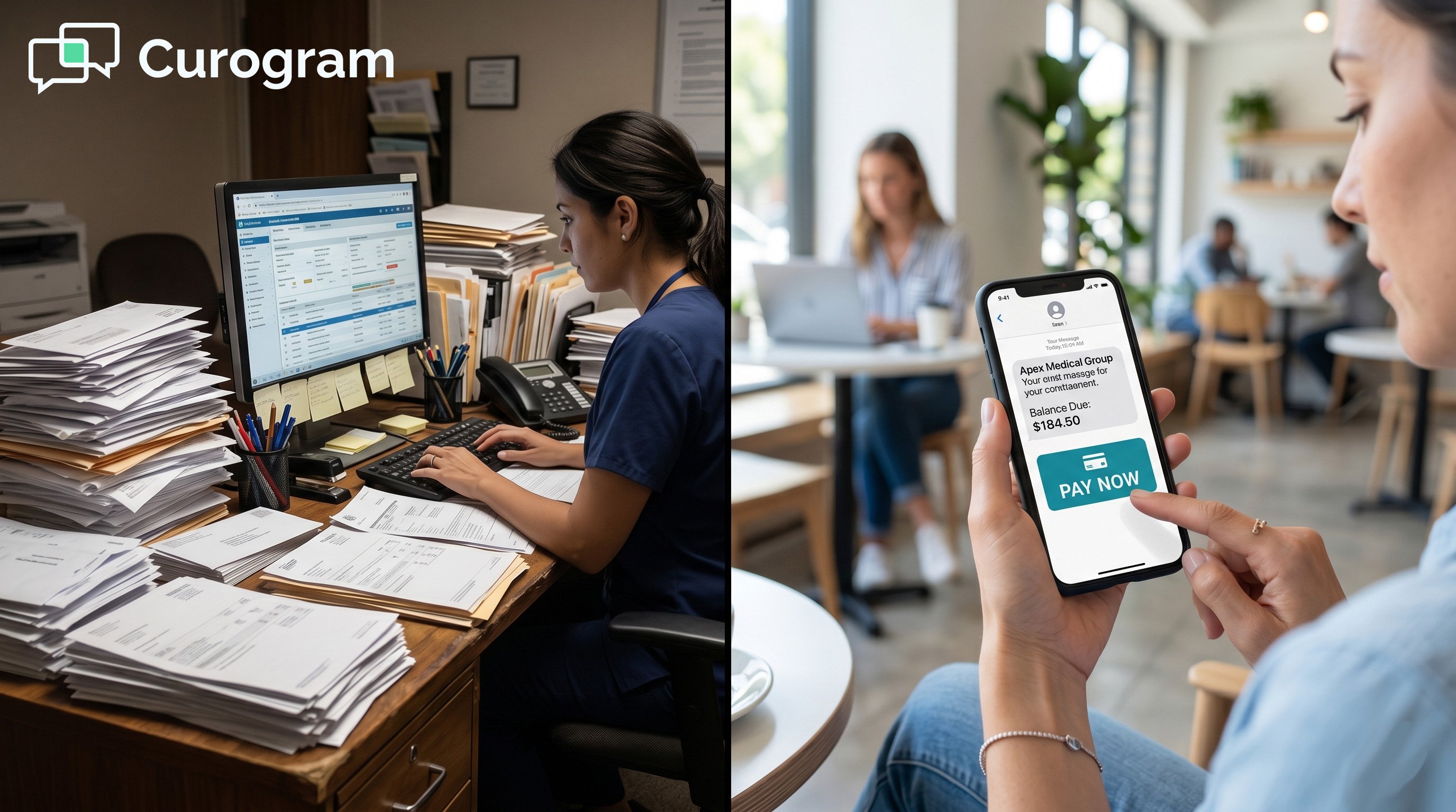 A photo comparing paper medical billing on a desk with a mobile patient payment at a cafe