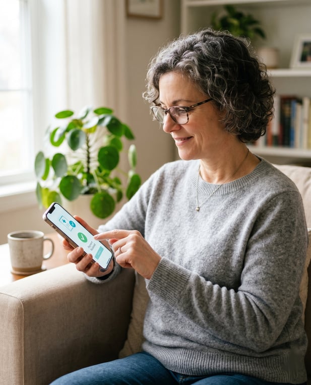 A smiling patient confirms a medical payment on a mobile app, showing ease and satisfaction in a home setting