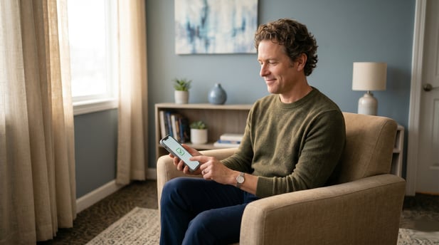 A smiling man viewing a successful digital payment confirmation on his smartphone