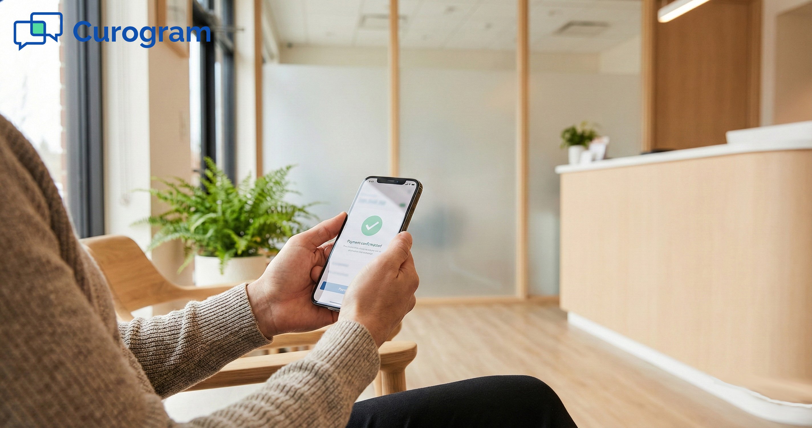 A patient conveniently paying a medical bill via mobile phone while sitting in a clinic waiting area