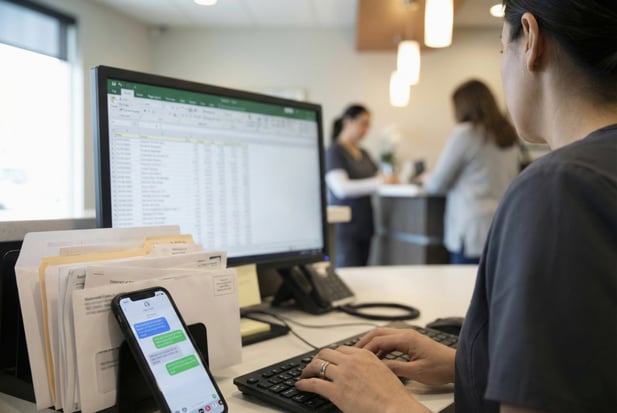 Medical billing clerk at desk with paper bills pushed aside and a phone showing patient SMS tools