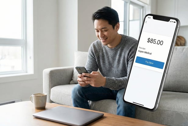 Smiling patient on a couch using a smartphone to pay a healthcare bill via text-to-pay link