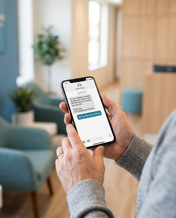 Realistic photo of patient using secure mobile payment link from a medical provider via SMS