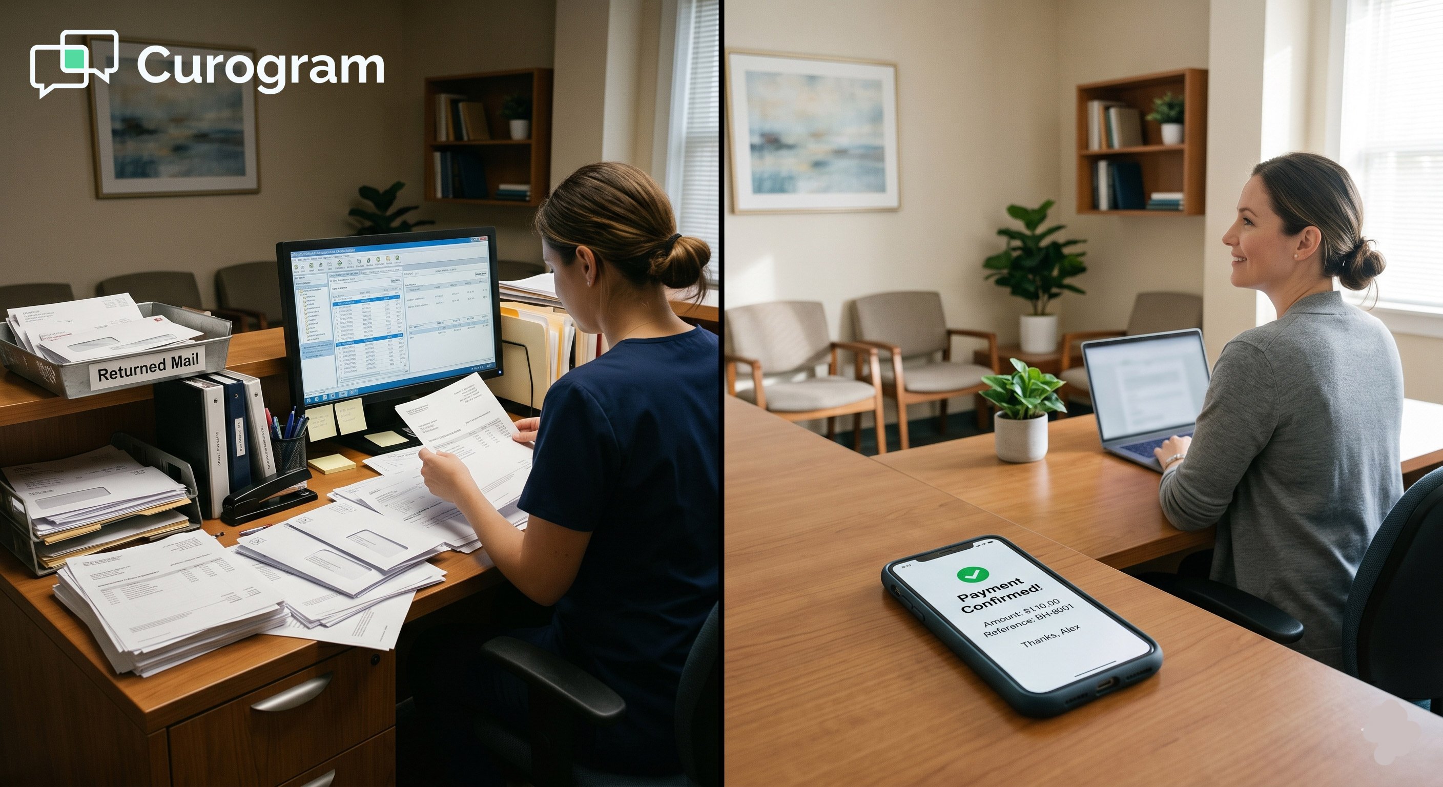Front desk with stacks of paper vs front desk with a smartphone showing a text-to-pay confirmation