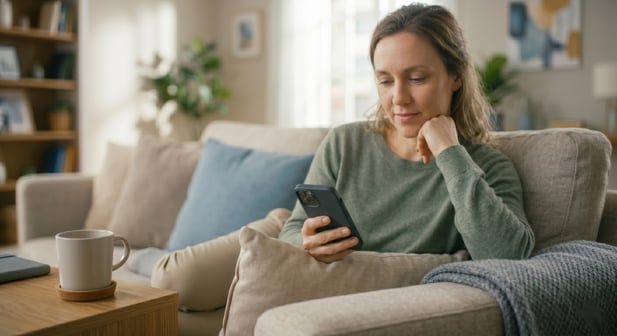A woman sitting on a sofa paying balance via text-to-pay