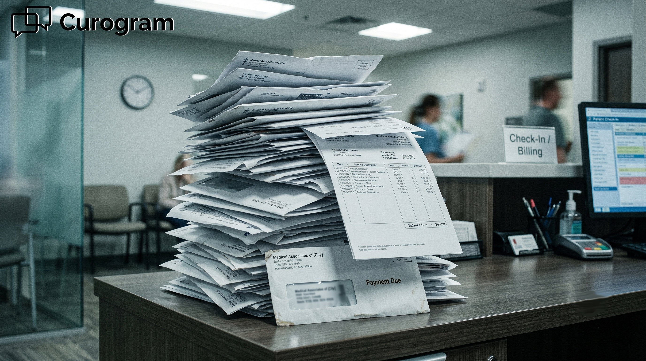 Messy towering stack of paper medical billing envelopes on clinic front desk