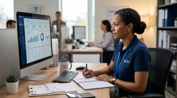 Healthcare billing professional reviewing payment metrics and charts on a computer in a modern office