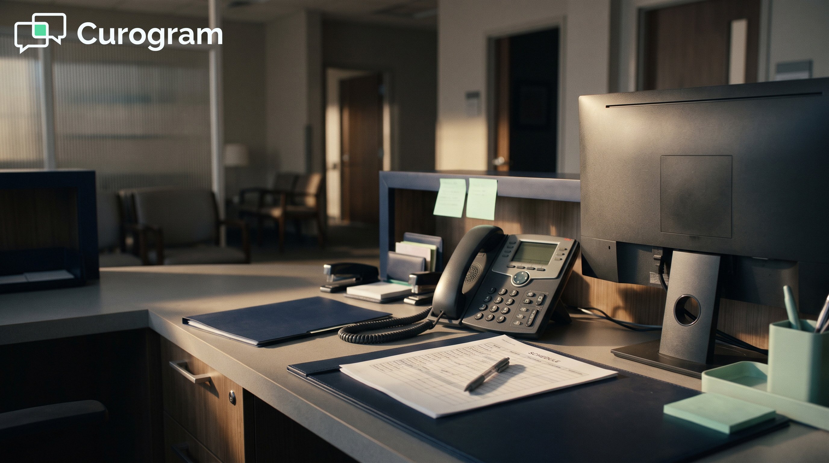 A medical front desk at the end of the day with a desk phone beside a printed schedule