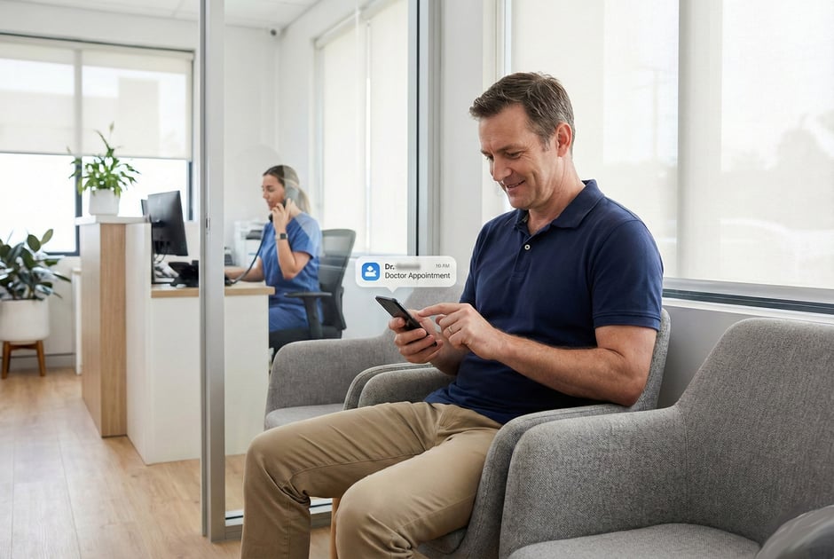 Man in a medical waiting room checking a mobile text notification for a doctor's appointment