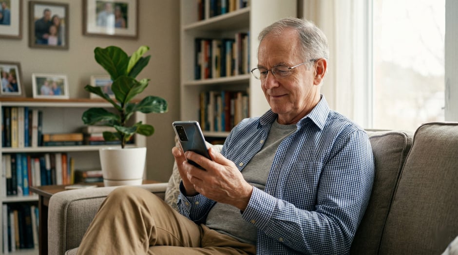 Senior man happily smiles using a smartphone in a cozy living room