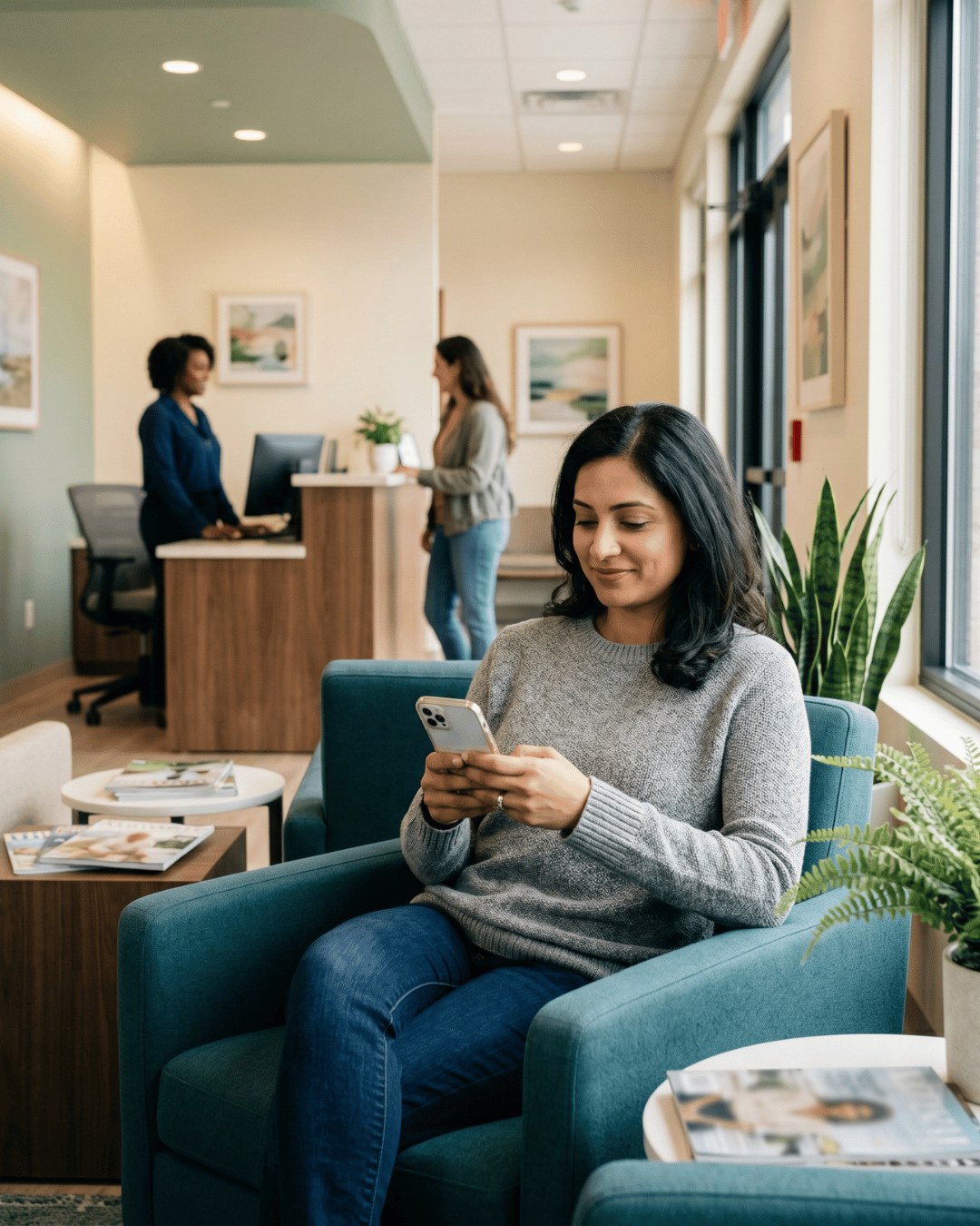 Patient sitting checking her phone in at a modern behavioral health clinic reception area.